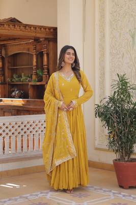 Women's yellow faux georgette sequins embroidered anarkali dress with dupatta 1