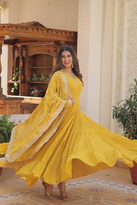 Women's yellow faux georgette sequins embroidered anarkali dress with dupatta 3