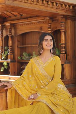 Women's yellow faux georgette sequins embroidered anarkali dress with dupatta 4