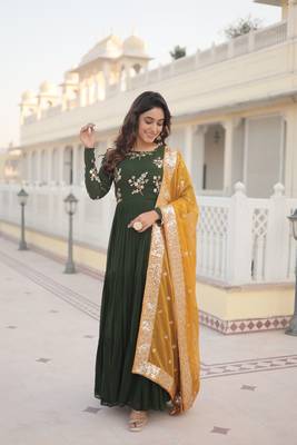 Women's bottle green faux georgette sequins embroidered anarkali dress with dupatta 1