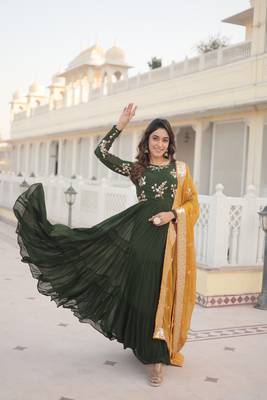 Women's bottle green faux georgette sequins embroidered anarkali dress with dupatta 2