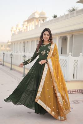 Women's bottle green faux georgette sequins embroidered anarkali dress with dupatta 3
