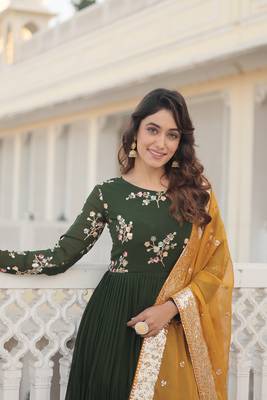 Women's bottle green faux georgette sequins embroidered anarkali dress with dupatta 4