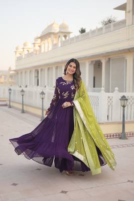 Women's purple faux georgette sequins embroidered anarkali dress with dupatta 3