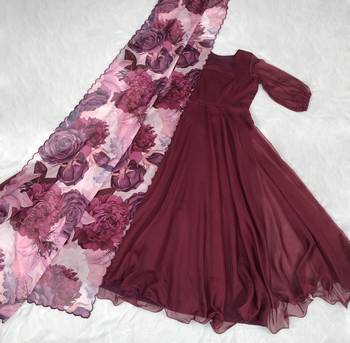 Women's maroon tebby silk anarkali dress with dupatta 2