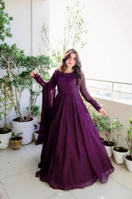 Women's wine faux georgette sequins embroidered anarkali dress with dupatta 1