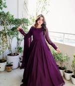 Women's wine faux georgette sequins embroidered anarkali dress with dupatta