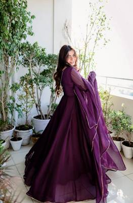 Women's wine faux georgette sequins embroidered anarkali dress with dupatta 2