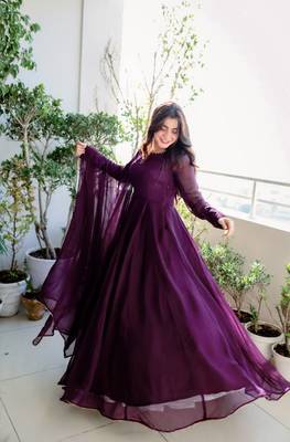 Women's wine faux georgette sequins embroidered anarkali dress with dupatta 3