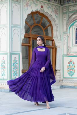 Women's purple faux georgette 5 layer frill work anarkali dress with dupatta 2