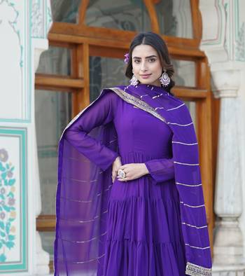 Women's purple faux georgette 5 layer frill work anarkali dress with dupatta 3