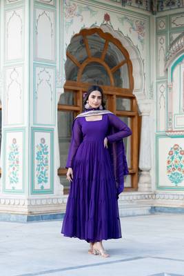 Women's purple faux georgette 5 layer frill work anarkali dress with dupatta 1