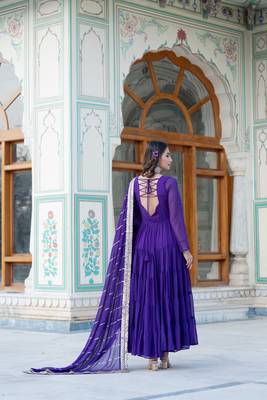 Women's purple faux georgette 5 layer frill work anarkali dress with dupatta 4