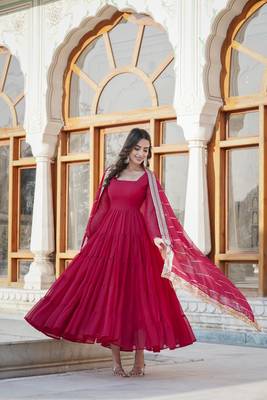 Women's rani pink faux georgette 5 layer frill work anarkali dress with dupatta 2