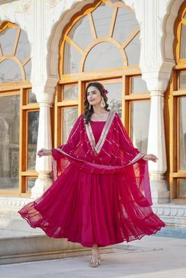 Women's rani pink faux georgette 5 layer frill work anarkali dress with dupatta 1