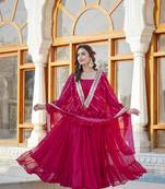 Women's rani pink faux georgette 5 layer frill work anarkali dress with dupatta