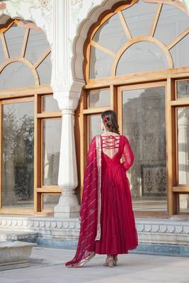 Women's rani pink faux georgette 5 layer frill work anarkali dress with dupatta 3