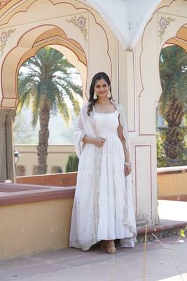 Women's white faux georgette 5 layer frill work anarkali dress with dupatta 1