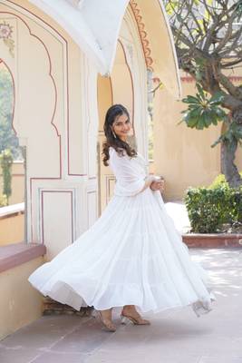 Women's white faux georgette 5 layer frill work anarkali dress with dupatta 2