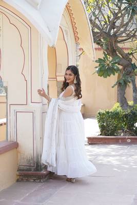 Women's white faux georgette 5 layer frill work anarkali dress with dupatta 4