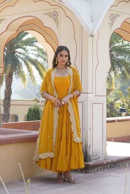 Women's yellow faux georgette 5 layer frill work anarkali dress with dupatta 1