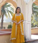 Women's yellow faux georgette 5 layer frill work anarkali dress with dupatta