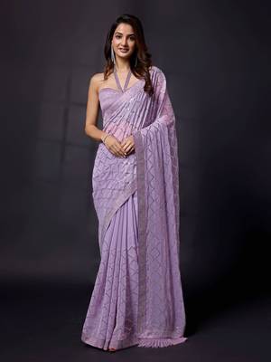 Trendmalls Shimmer Fabric or Sequence Designer Checks Sirowaski Work Bollywood Women Purple Saree 1
