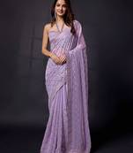 Shimmer Fabric or Sequence Designer Checks Sirowaski Work Bollywood Women Purple Saree
