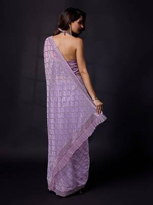 Trendmalls Shimmer Fabric or Sequence Designer Checks Sirowaski Work Bollywood Women Purple Saree 2