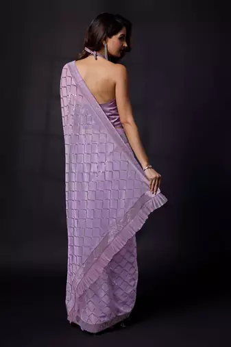 Trendmalls Shimmer Fabric or Sequence Designer Checks Sirowaski Work Bollywood Women Purple Saree