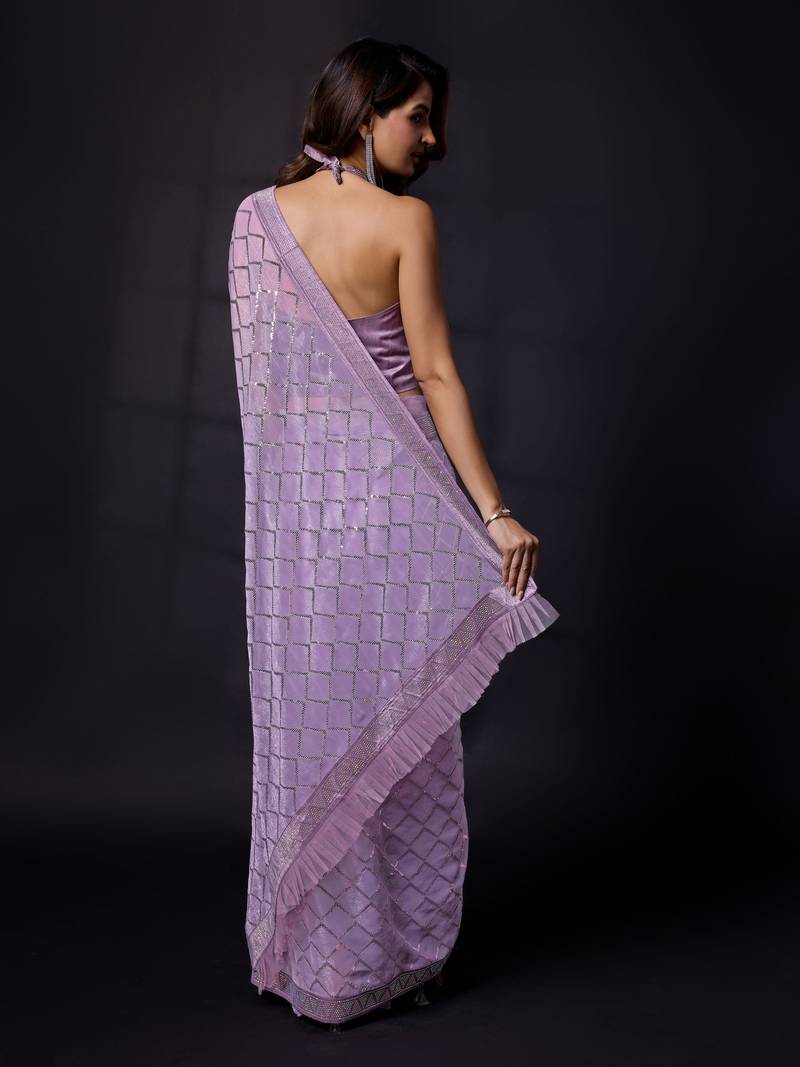 Shimmer Fabric or Sequence Designer Checks Sirowaski Work Bollywood Women Purple Saree
