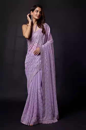 Trendmalls Shimmer Fabric or Sequence Designer Checks Sirowaski Work Bollywood Women Purple Saree