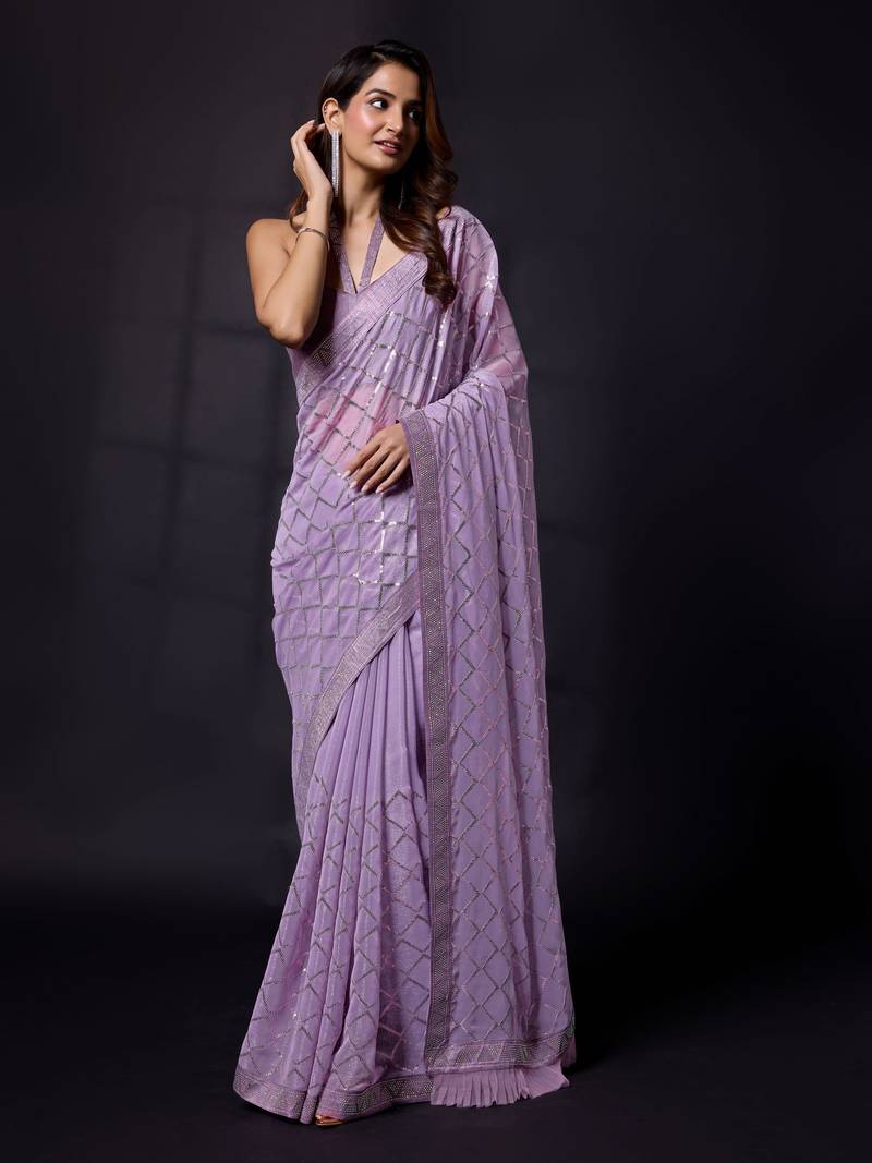 Shimmer Fabric or Sequence Designer Checks Sirowaski Work Bollywood Women Purple Saree