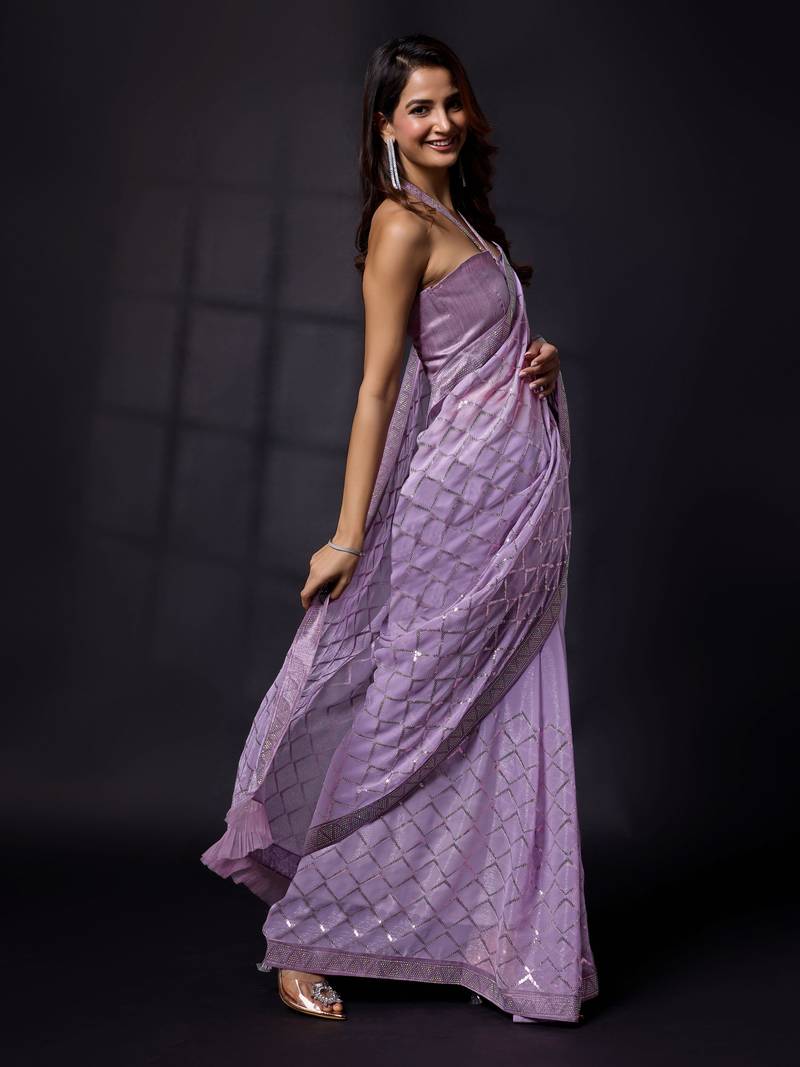 Shimmer Fabric or Sequence Designer Checks Sirowaski Work Bollywood Women Purple Saree