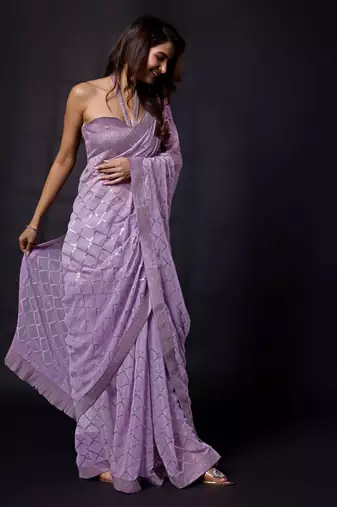 Trendmalls Shimmer Fabric or Sequence Designer Checks Sirowaski Work Bollywood Women Purple Saree