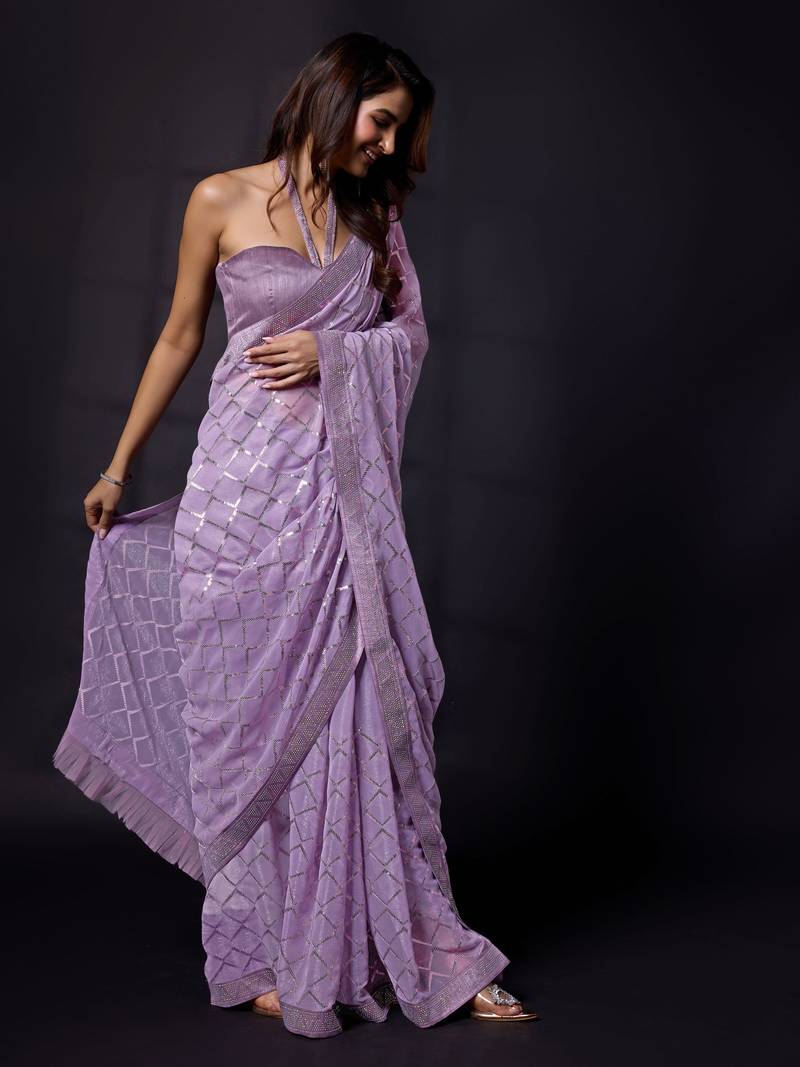 Shimmer Fabric or Sequence Designer Checks Sirowaski Work Bollywood Women Purple Saree