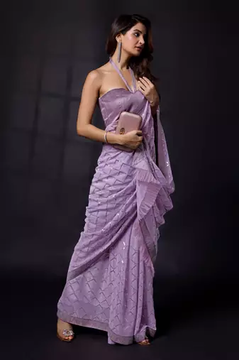 Trendmalls Shimmer Fabric or Sequence Designer Checks Sirowaski Work Bollywood Women Purple Saree