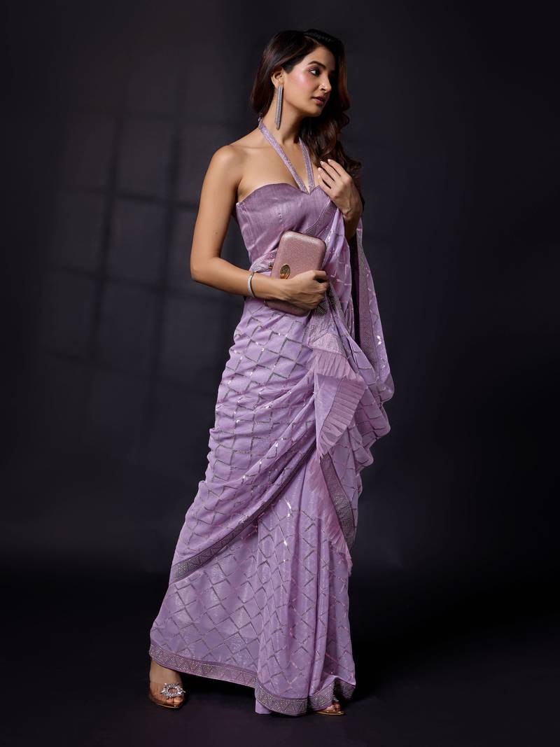 Shimmer Fabric or Sequence Designer Checks Sirowaski Work Bollywood Women Purple Saree