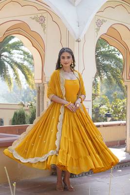 Women's yellow faux georgette 5 layer frill work anarkali dress with dupatta 2