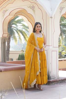 Women's yellow faux georgette 5 layer frill work anarkali dress with dupatta 3