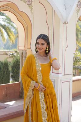 Women's yellow faux georgette 5 layer frill work anarkali dress with dupatta 4