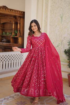 Women's rani pink faux georgette sequins embroidered anarkali dress with dupatta 3