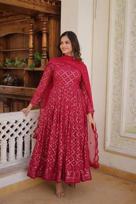 Women's rani pink faux georgette sequins embroidered anarkali dress with dupatta 4