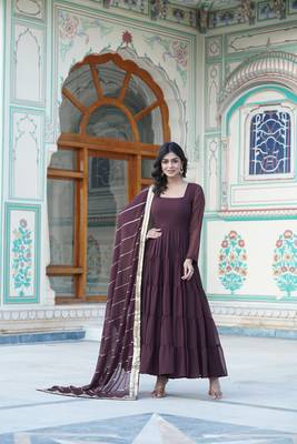 Women's brown faux georgette 5 layer frill work anarkali dress with dupatta 1