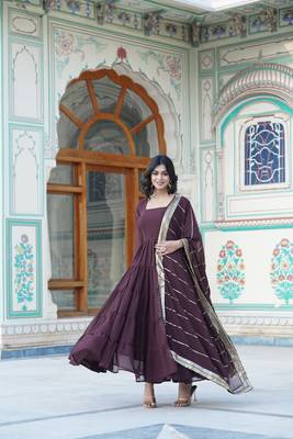 Women's brown faux georgette 5 layer frill work anarkali dress with dupatta 2