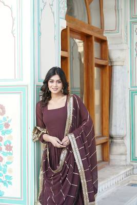Women's brown faux georgette 5 layer frill work anarkali dress with dupatta 3