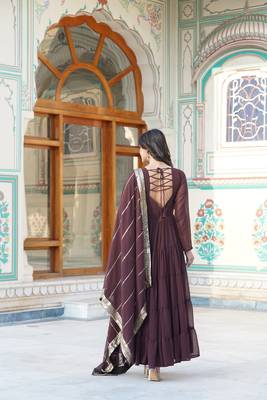 Women's brown faux georgette 5 layer frill work anarkali dress with dupatta 4