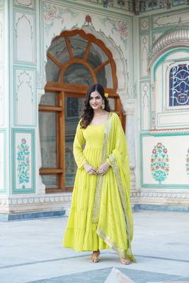 Women's parrot green faux georgette 5 layer frill work anarkali dress with dupatta 1