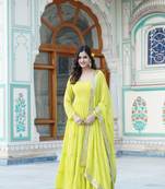 Women's parrot green faux georgette 5 layer frill work anarkali dress with dupatta