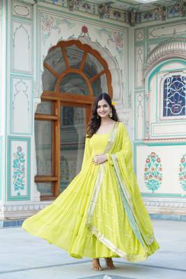 Women's parrot green faux georgette 5 layer frill work anarkali dress with dupatta 2